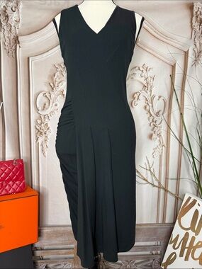 YIGAL AZROUEL- Black V-Neck Sleeveless Ruched Midi Dress